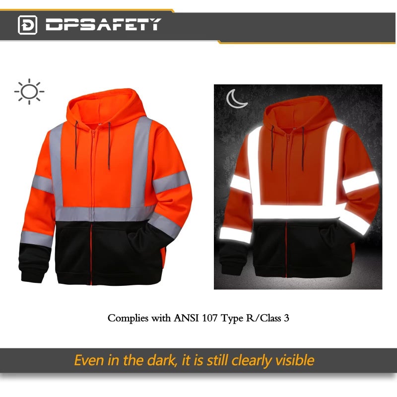 DPSAFETY High visibility Hoodie for Men,Class3 Hi Vis Hoodie with Zipper,Reflective Hooded Hood,Construction work Safety Sweatshirt with Large front Pocket for Men/Women Black Bottom 5XL - Image 4